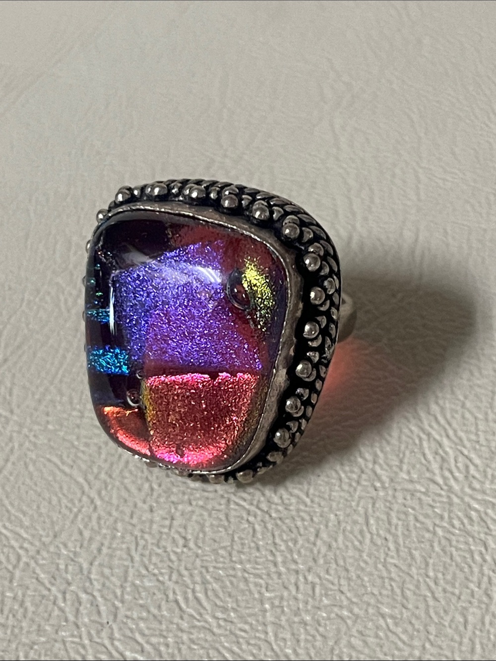925 Sterling Multicolor Dichroic Glass Statement Ring